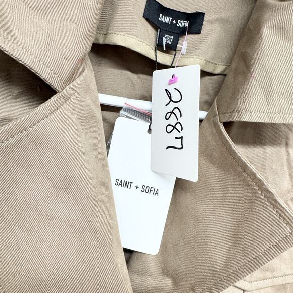 New Saint + Sofia Jacket Women Size 8 Beige Safari Trench Organic Cotton Belted - Picture 4 of 8